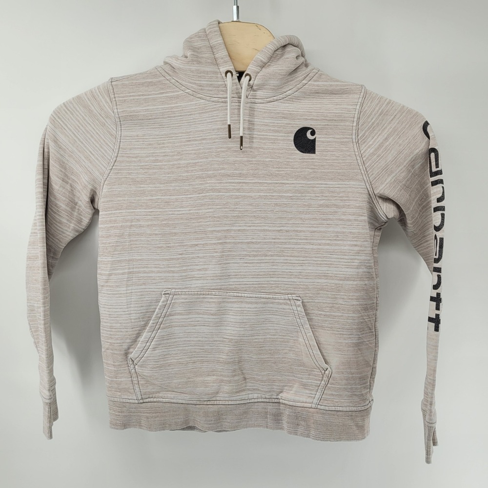 Carhartt Hoodie Boys Medium (8-10) Tan Space Dye Logo Sleeve Pullover Sweatshirt